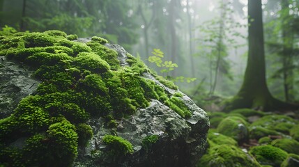 Stone covered in moss, serene forest enclosing, misty atmosphere with dense trees and foliage, a close up of green moss on rocks.