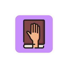 Line icon of hand on bible or constitution. Oath, pledge, witness. Court concept. Can be used for topics like politics, law, religion