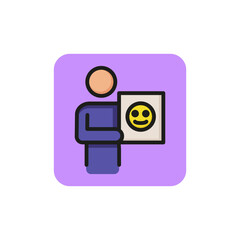 Icon of person showing paper with emoji. Anonym, lack of personality, social media. Online communication concept. Can be used for topics like presentation, internet, unreal emotion