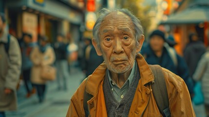 Obraz premium At the edge of a bustling street, an elderly figure stands, unnoticed by the passing throngs, lost in the depths of his own despair.