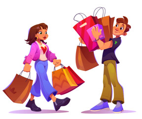 Buyer character after shopping in mall. Happy woman shopper with supermarket bag. Family illustration set as consumer carrying package and purchase gift in market. Excited guy hold bags isolated - obrazy, fototapety, plakaty