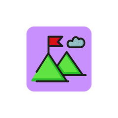 Line icon of flag on mountain top. Success sign, goal, challenge. Achievement concept. Can be used for topics like business, mountaineering, travel
