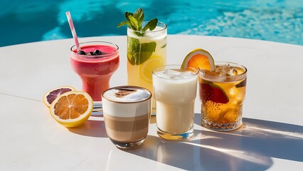 Set with different refreshing summer beverages on white background - obrazy, fototapety, plakaty