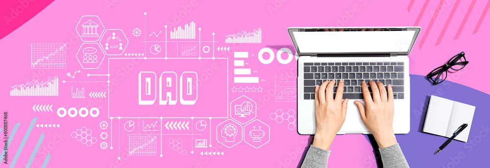 Poster dao- decentralized autonomous organization theme with person using a laptop computer