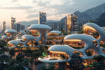 Futuristic Urban Landscape: Neo-Futuristic Transportation Hub with Aerodynamic Shapes and Vibrant Lighting