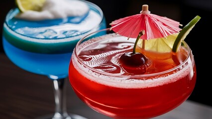 Glasses of delicious cocktails with ice on table closeup