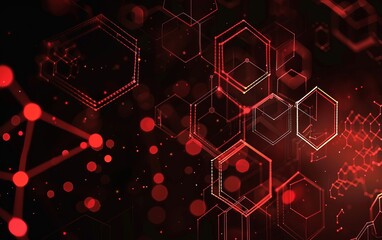 An intricate abstract pattern with red and black interconnected hexagons and glowing dots