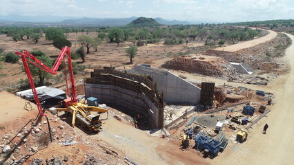 Culvert-Shaped Bridge Under Construction with Boom Concrete Pump