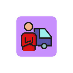 Line icon of man with truck. Carriage, courier, driver. Transportation concept. Can be used for topics like transport, business, service
