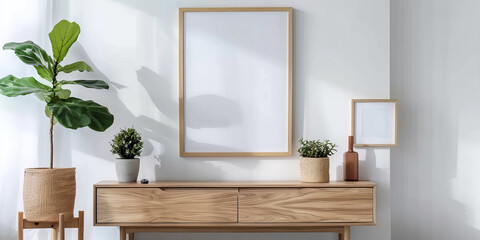 empty picture frame hanging on the wall in front of a modern wooden sideboard. black white frame mockup with plant on white wall with wooden sideboard