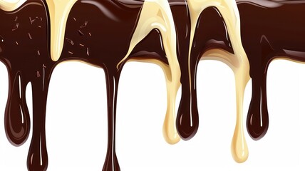 Chocolate dripping light yellow and dark beige background. World Chocolate Day concept. Sweet...