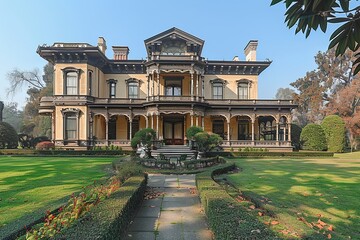 Naklejka premium Opulent Victorian Mansion: Wraparound Porch & Intricate Gingerbread Trim Glory