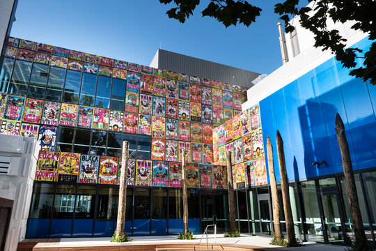 Geelong Arts Centre Exterior Western Fa&ccedil;ade, Artwork 'Dry your dishes on my culture' by Wadawurrung artist Kait James. Geelong, Australia, March 04 2024