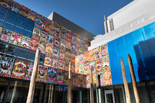 Geelong Arts Centre Exterior Western Fa&ccedil;ade, Artwork 'Dry your dishes on my culture' by Wadawurrung artist Kait James. Geelong, Australia, March 04 2024