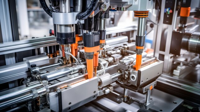 Close-up of electric vehicle mass production assembly line in modern manufacturing facility