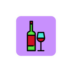 Icon of wine bottle and glass. Beverage, merlot, drink. Alcohol concept. Can be used for topics like anniversary, menu, restaurant