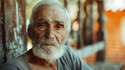Outside on the porch steps, the old man's shoulders sag under the weight of his mental anguish.
