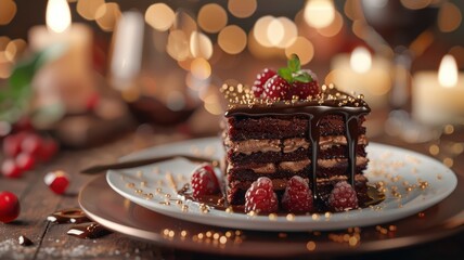 Naklejka premium A decadent and indulgent chocolate dessert, with layers of rich cake background. World Chocolate Day concept. Sweet chocolates perfect for valentines day background. 