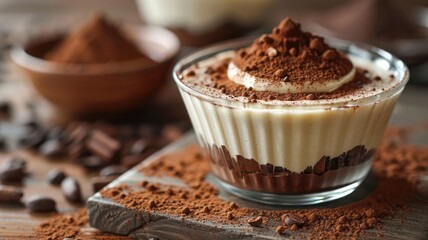 Tiramisu in a glass bowl, on a wooden table, scattered cocoa background. World Chocolate Day concept. Sweet chocolates perfect for valentines day background.