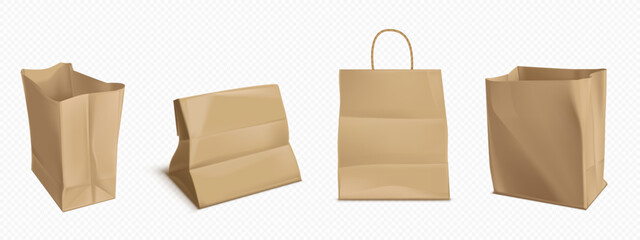 Craft paper bag. 3d brown food package mockup. Isolated shop pack with handle for takeaway lunch or gift to carry. Sustainable and reusable cardboard shopping and delivery vertical grocery box.