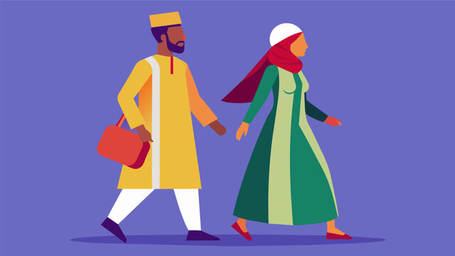 A man wearing a traditional Djellaba and fez walking beside a woman in a brightly colored South African shweshwe dress.. Vector illustration