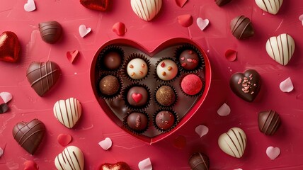Deluxe chocolate bonbons, neatly arranged in a red heart shaped box background. World Chocolate Day...