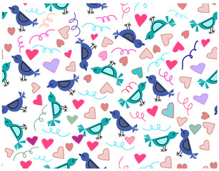 Seamless love birds anniversary background Design for fashion, fabric, textile, wallpaper, wrapping and all prints. Hand drawn birds and hearts.  Romantic cute small birds.