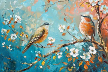 Colorful Autumn Scenery Birds Vertical Oil Painting - Two Birds Tree White Flowers Decorative Beauty