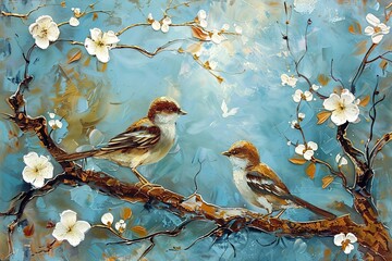 Colorful Autumn Birds on Tree with White Flowers - Vertical Oil Painting