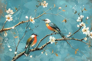 Two Birds on Tree with White Flowers, Oil Painting on Blue Background - Decorative Digital Artwork