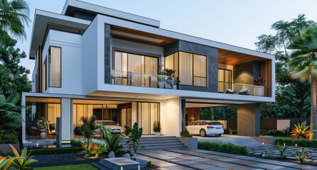 Modern house design in Kerala with white walls and brown windows, front view, two story, large grassy yard with lights, one car parked near the entrance of the building