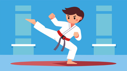 Fototapeta premium A young martial artist practices his technique on a dummy incorporating elements of Taekwondo Aikido and Hapkido.