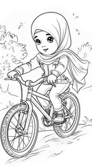 a little girl riding bicycle coloring page | Theme of Muslim children