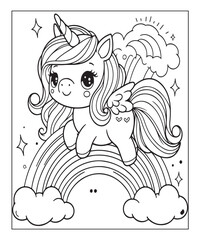 Cute cartoon unicorn with rainbow coloring page. Color and black white vector illustration for coloring book,