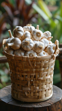 A wicker basket full of fresh garlic bulbs sitting on a wooden surface with green foliage in the background.