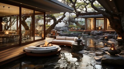 Fototapeta premium Courtyard with a Zen garden and a modern house in the background
