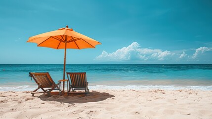 Beach chairs and umbrella on the sandy beach with turquoise sea