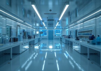 A laboratory with blue lights and shiny floor