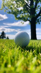 Obraz premium Close-up of a golf ball on the green with a tree and blue sky in the background