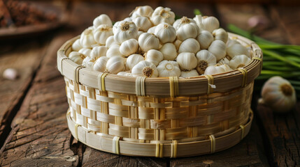 A wicker basket filled with fresh garlic bulbs on a rustic wooden table, with extra garlic and leaves beside it.