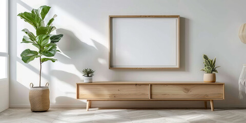 empty picture frame hanging on the wall in front of a modern wooden sideboard. black white frame mockup with plant on white wall with wooden sideboard