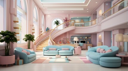 A pink and blue living room with a spiral staircase