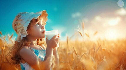child drinks a glass of milk against the background of a wheat field, Generative AI,