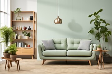 A living room with a green sofa, coffee table, and plants