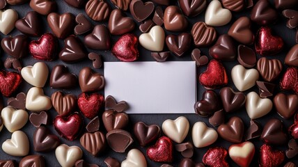 White card nestled in a massive pile of heart shaped. World Chocolate Day concept. Sweet chocolates...