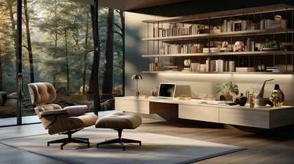 Modern home office with large windows overlooking a forest