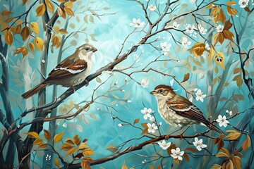 Printable Vertical Oil Painting: Two Birds on Tree, White Flowers, Blue Background Wall Art
