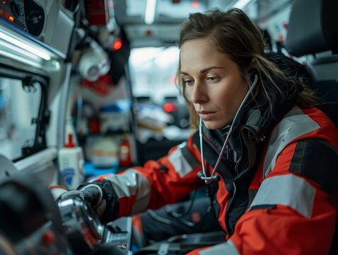 Caucasian female paramedic checking medical equipment in ambulance