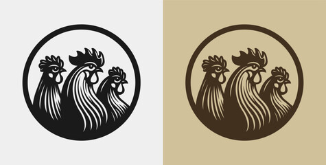 Three Roosters Chickens, Farm birds circular emblem