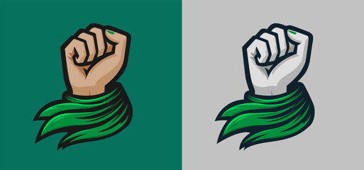Female Raised Fist with Green Kerchief Scarf Cloth, vector illustration